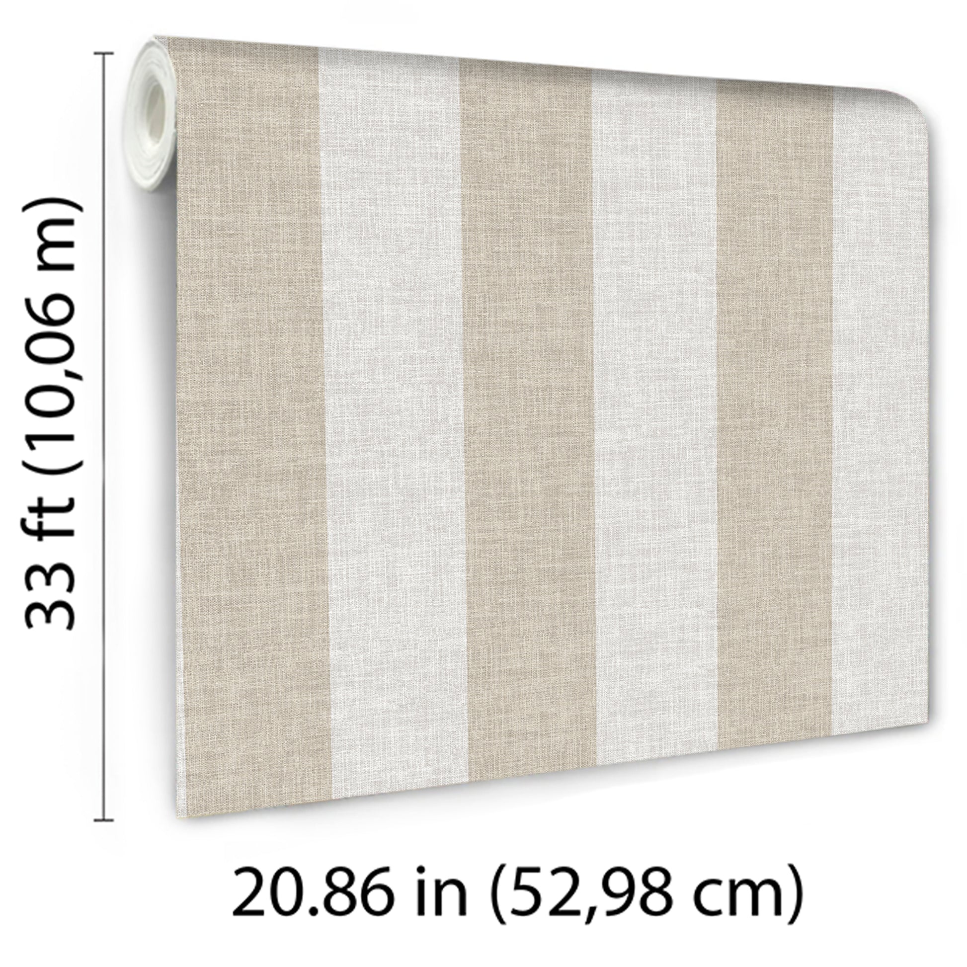 Beige and white vertical striped linen-textured wallpaper roll for walls; 52.98 cm wide