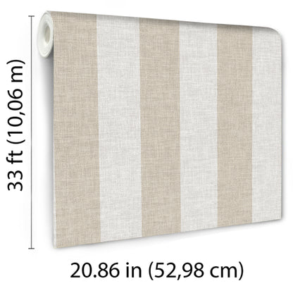 Beige and white vertical striped linen-textured wallpaper roll for walls; 52.98 cm wide