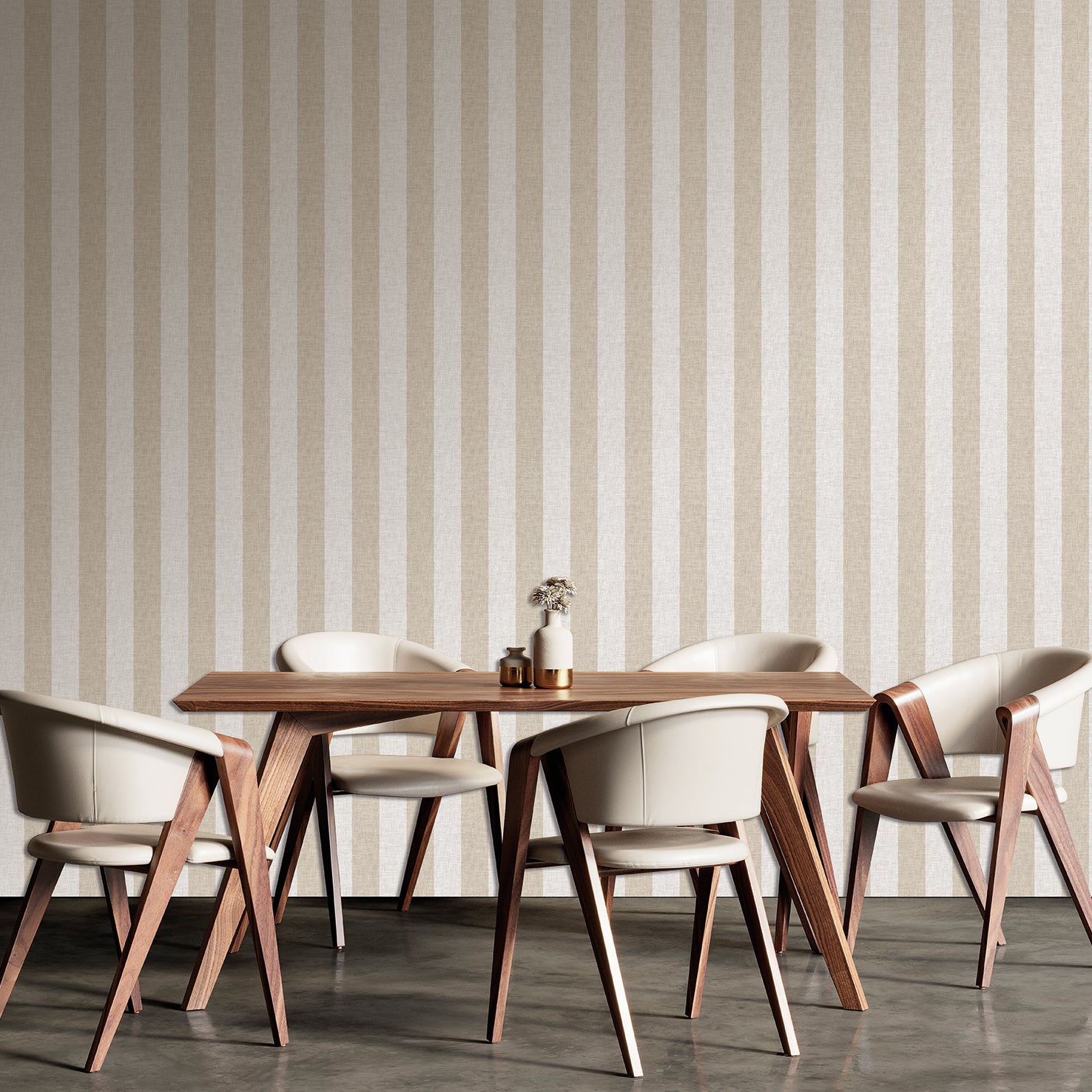 Taupe linen-stripe wallpaper.