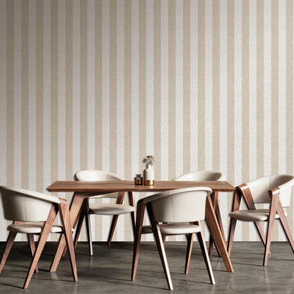 Taupe linen-stripe wallpaper.