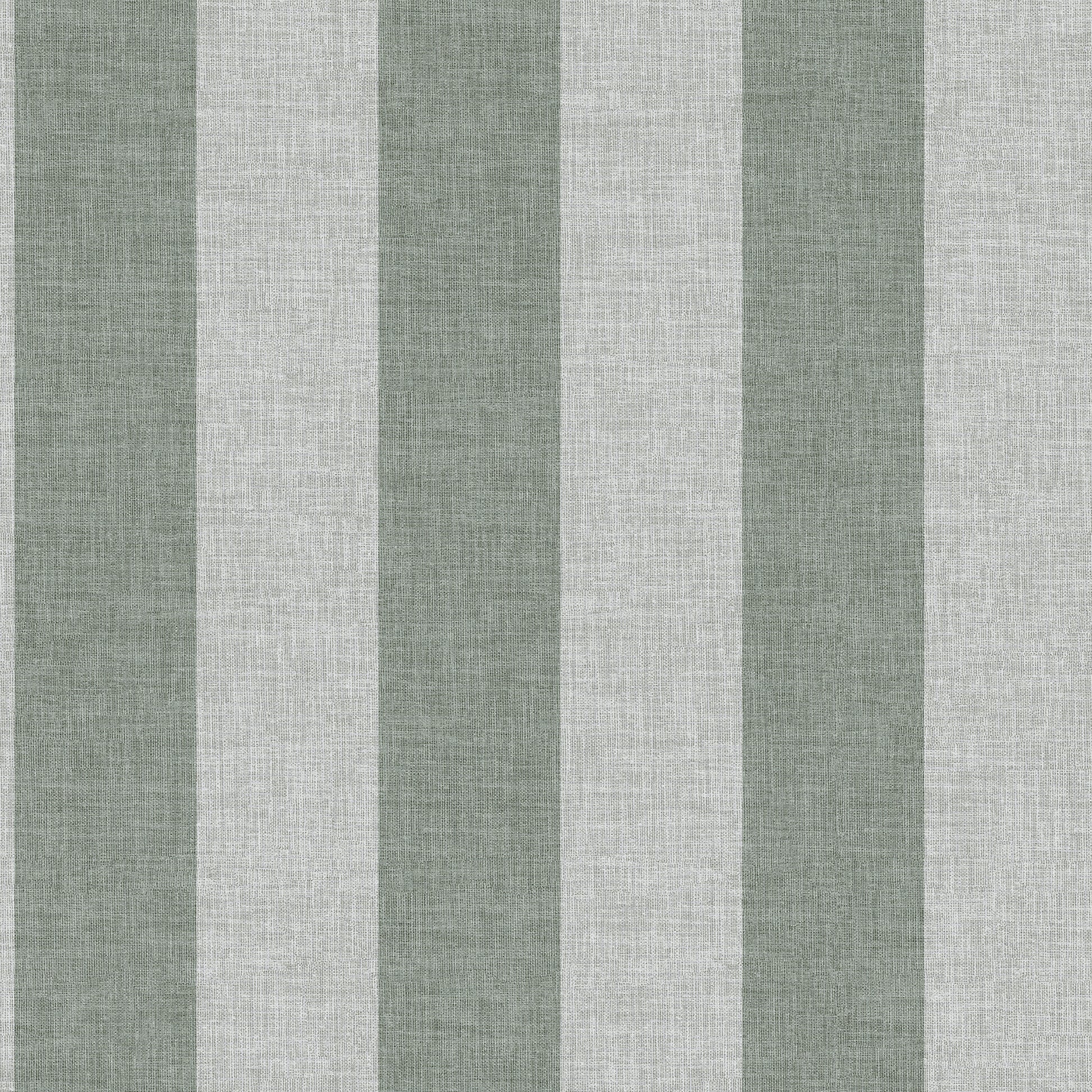 Sage green and ivory striped wallpaper pattern with a linen-like textured finish.