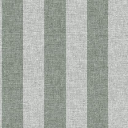 Sage green and ivory striped wallpaper pattern with a linen-like textured finish.