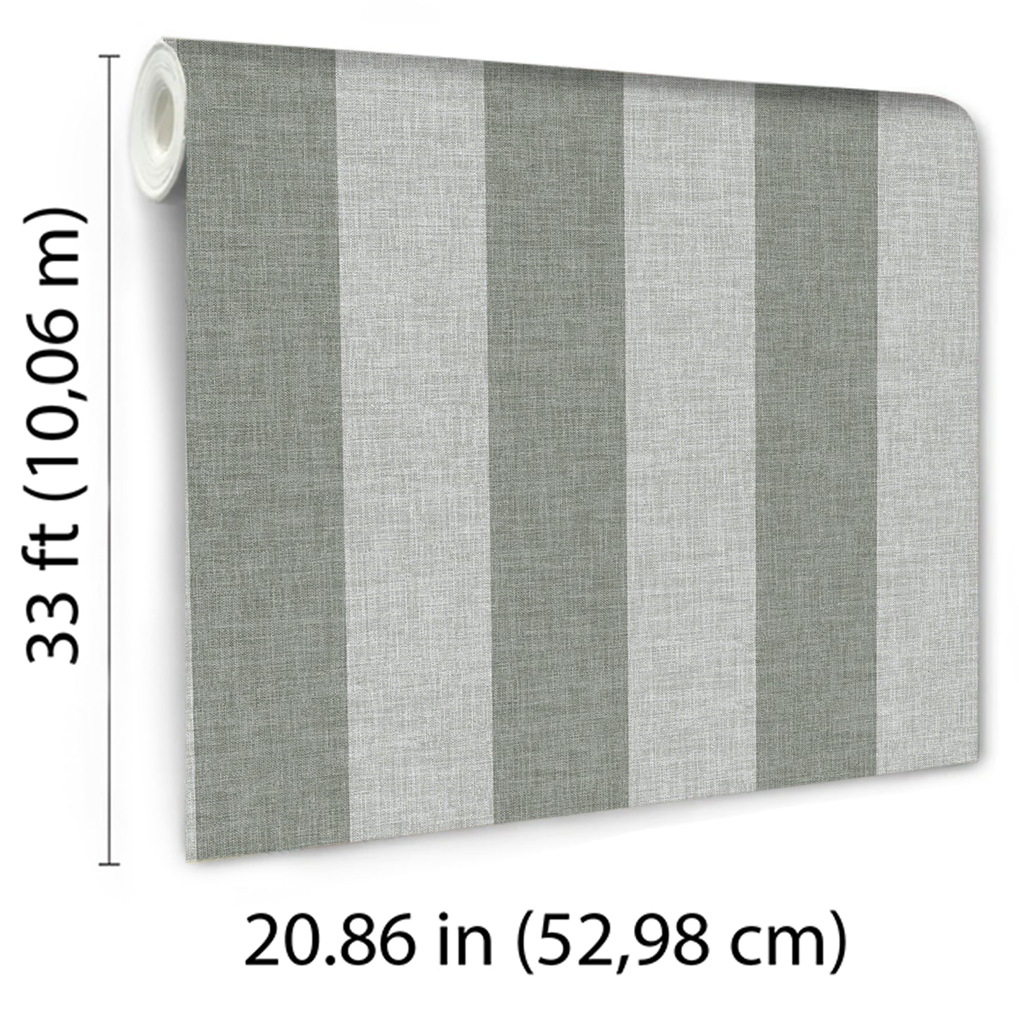 Green linen-striped wallpaper roll; white core visible; 33 ft long by 20.86 in wide.