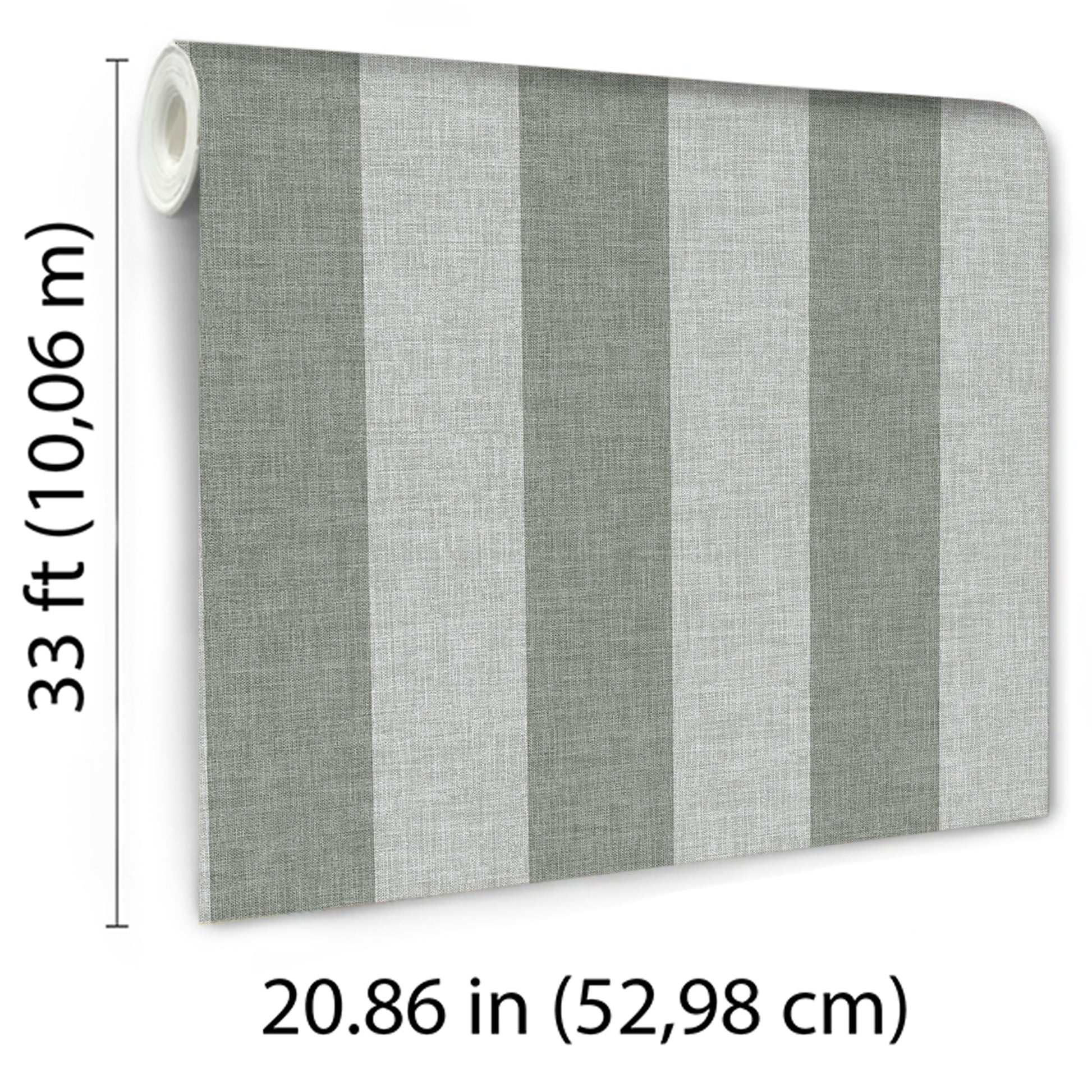 Green linen-striped wallpaper roll; white core visible; 33 ft long by 20.86 in wide.