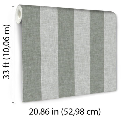 Green linen-striped wallpaper roll; white core visible; 33 ft long by 20.86 in wide.