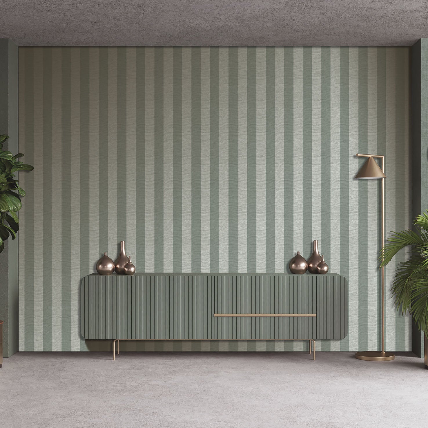 Green striped wallpaper pattern with linen texture.