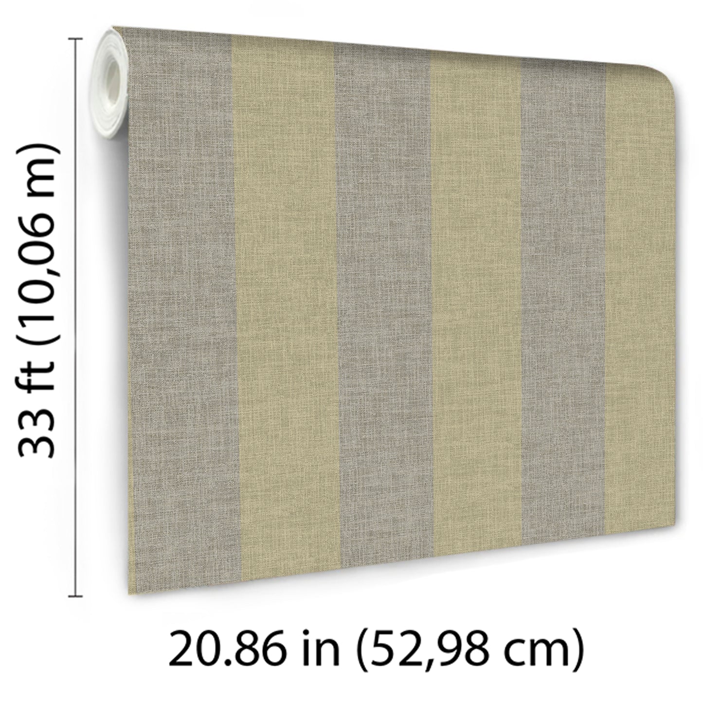 Rolled linen-textured wallpaper panel with vertical beige, tan and gray stripes; roll edge visible.