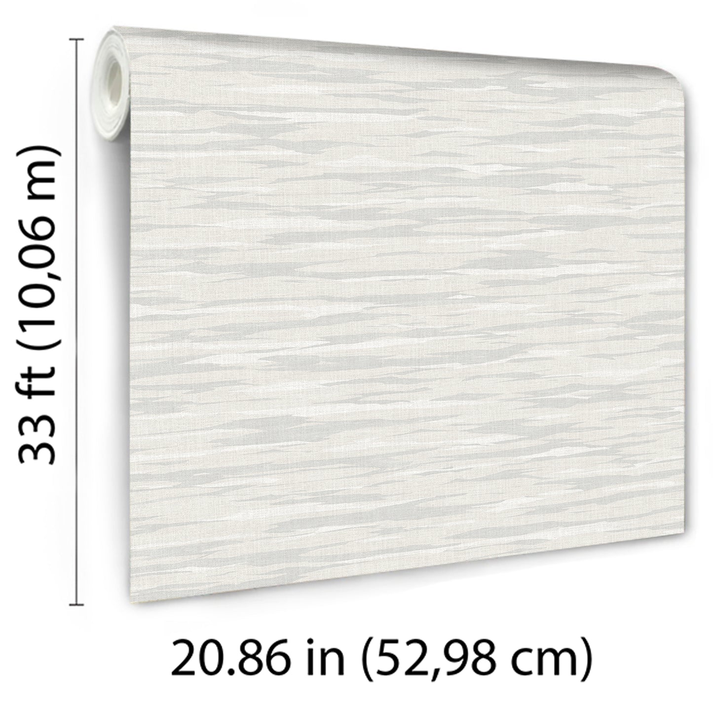 Light gray wood-grain wallpaper roll, 33 ft long and 20.86 in wide, textured wall covering.