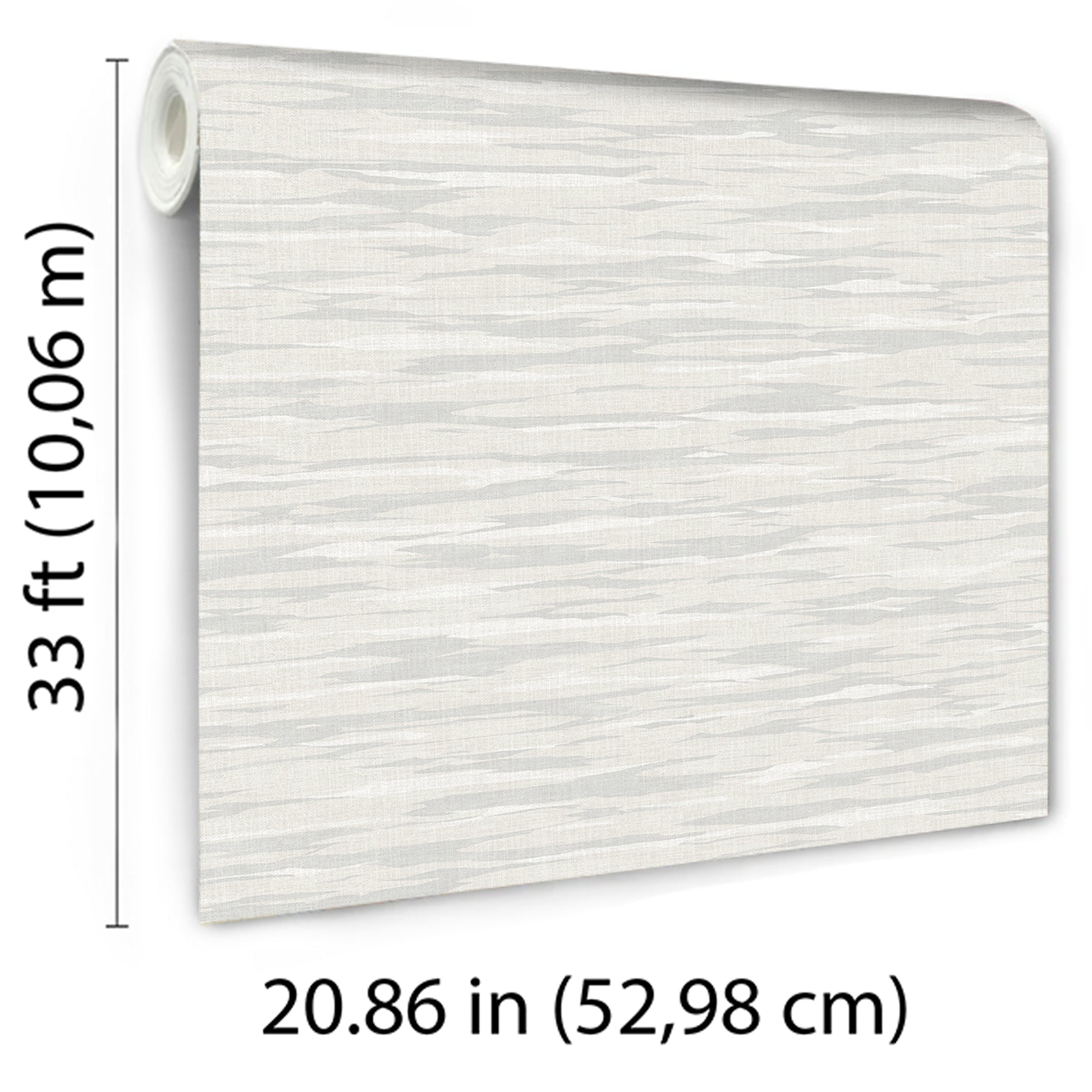 Light gray wood-grain wallpaper roll, 33 ft long and 20.86 in wide, textured wall covering.