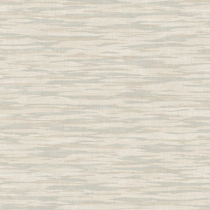 Beige linen-patterned fabric texture with soft gray horizontal wavy stripes; neutral home decor.
