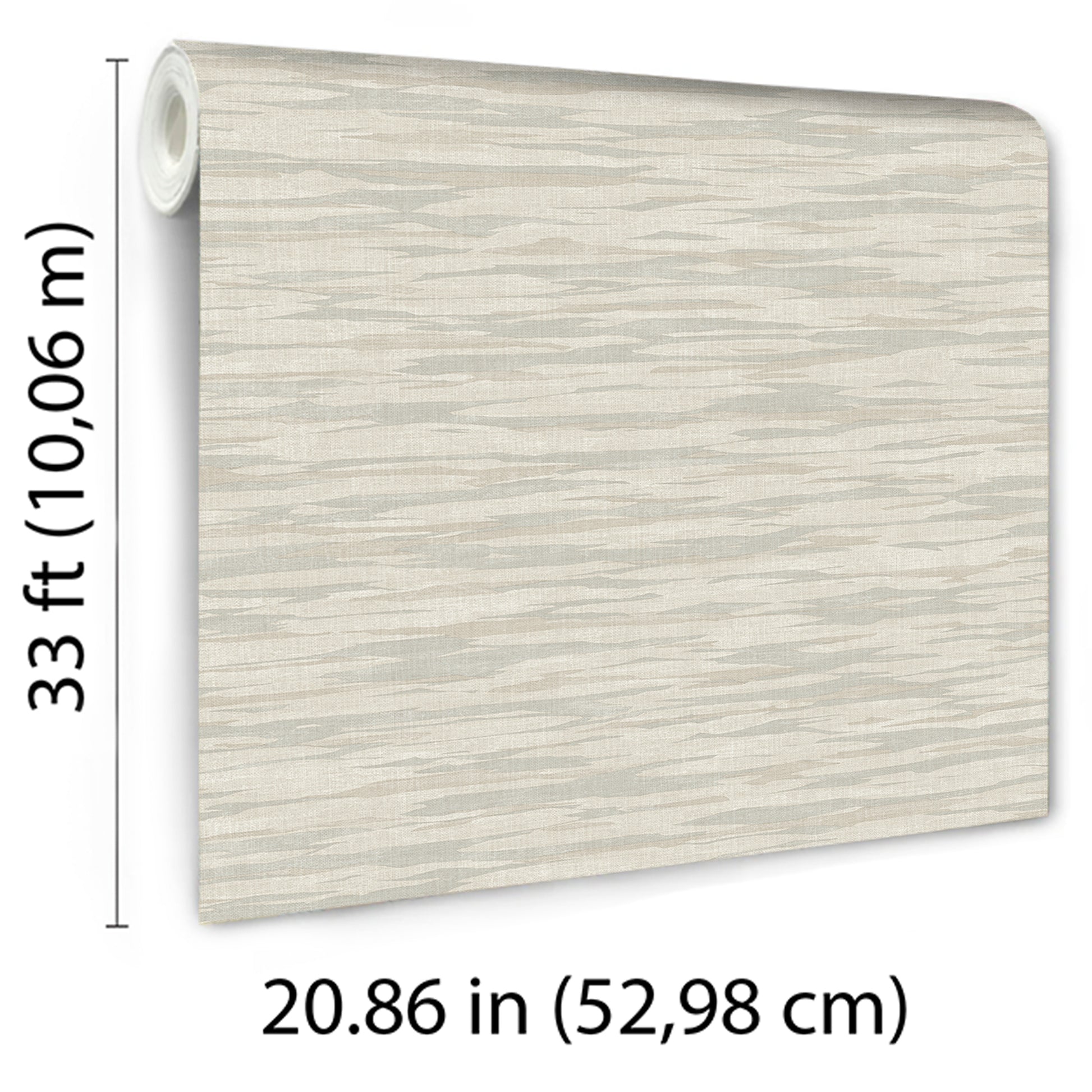 Beige wallpaper roll with subtle wood-grain texture, 52.98 cm wide by 10.06 m long.