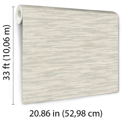 Beige wallpaper roll with subtle wood-grain texture, 52.98 cm wide by 10.06 m long.