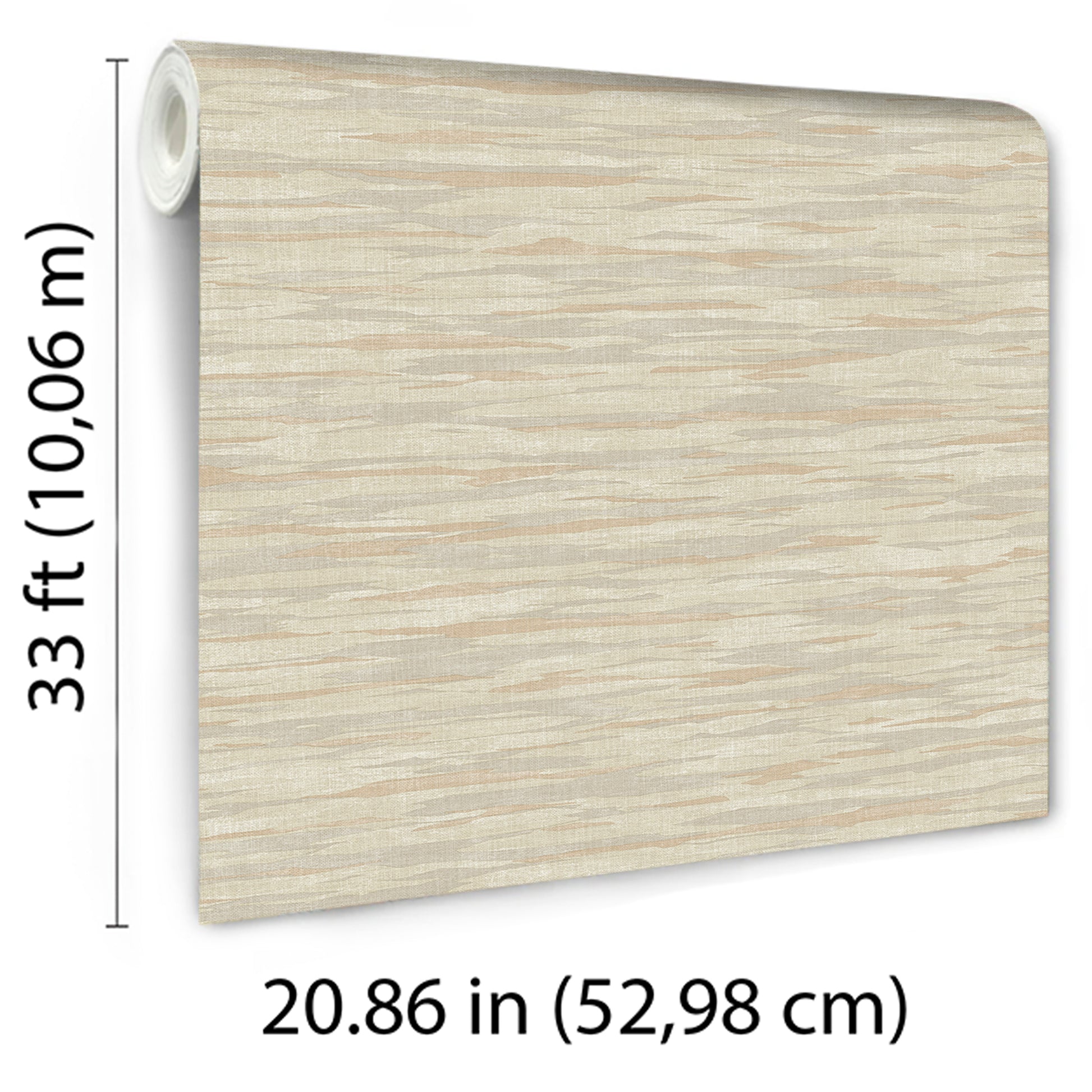 Light beige wood-grain wallpaper roll with subtle texture, antique style; 33 ft long, 20.86 in wide.