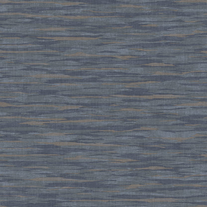 Blue-gray woven fabric with subtle tan, wavy horizontal stripes; soft textured textile.