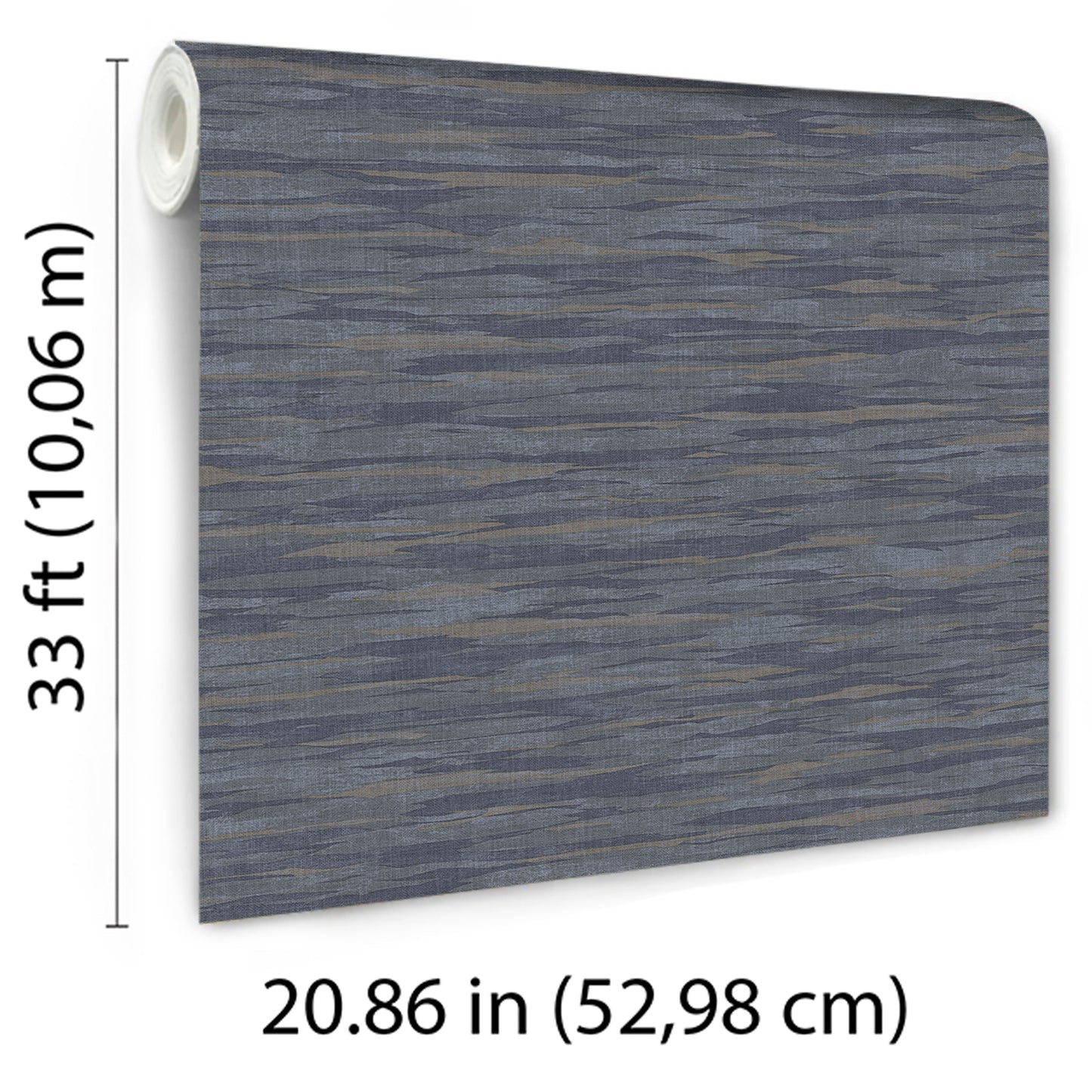 Blue-grey wood-grain wallpaper roll; textured wallcovering with horizontal streaks, large sheet (~33 ft x 20.86 in).