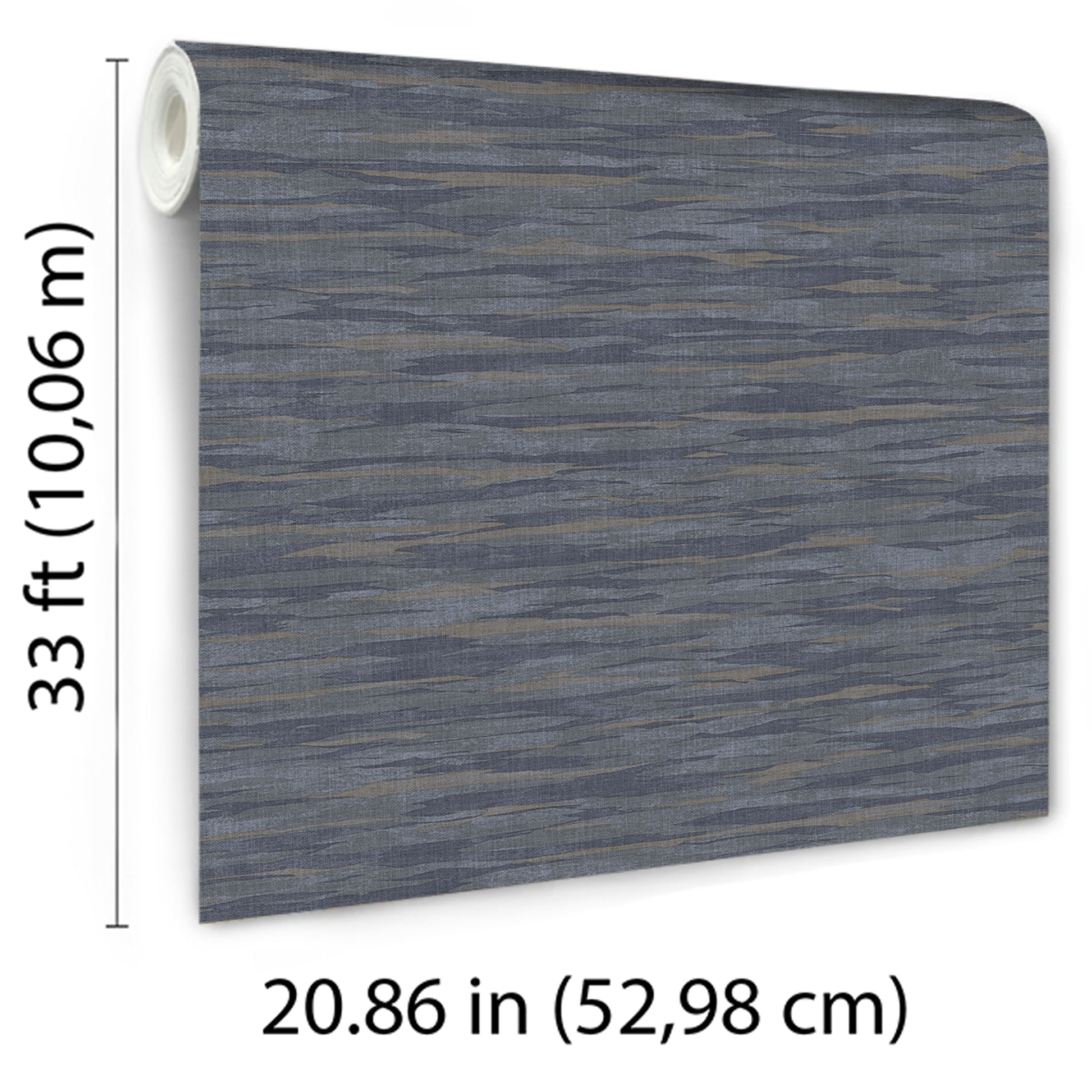 Blue-grey wood-grain wallpaper roll; textured wallcovering with horizontal streaks, large sheet (~33 ft x 20.86 in).