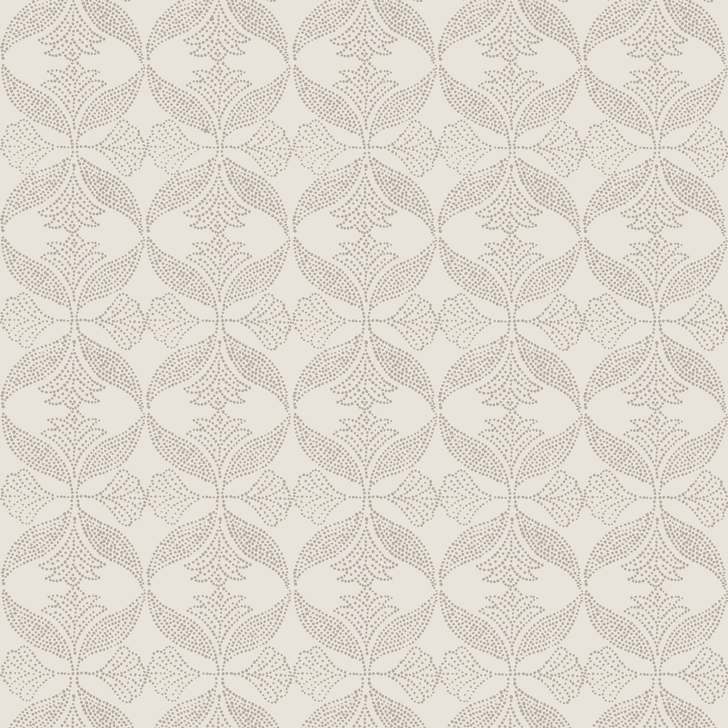 Beige lace-inspired floral circular motif pattern, repeating across wallpaper or fabric.