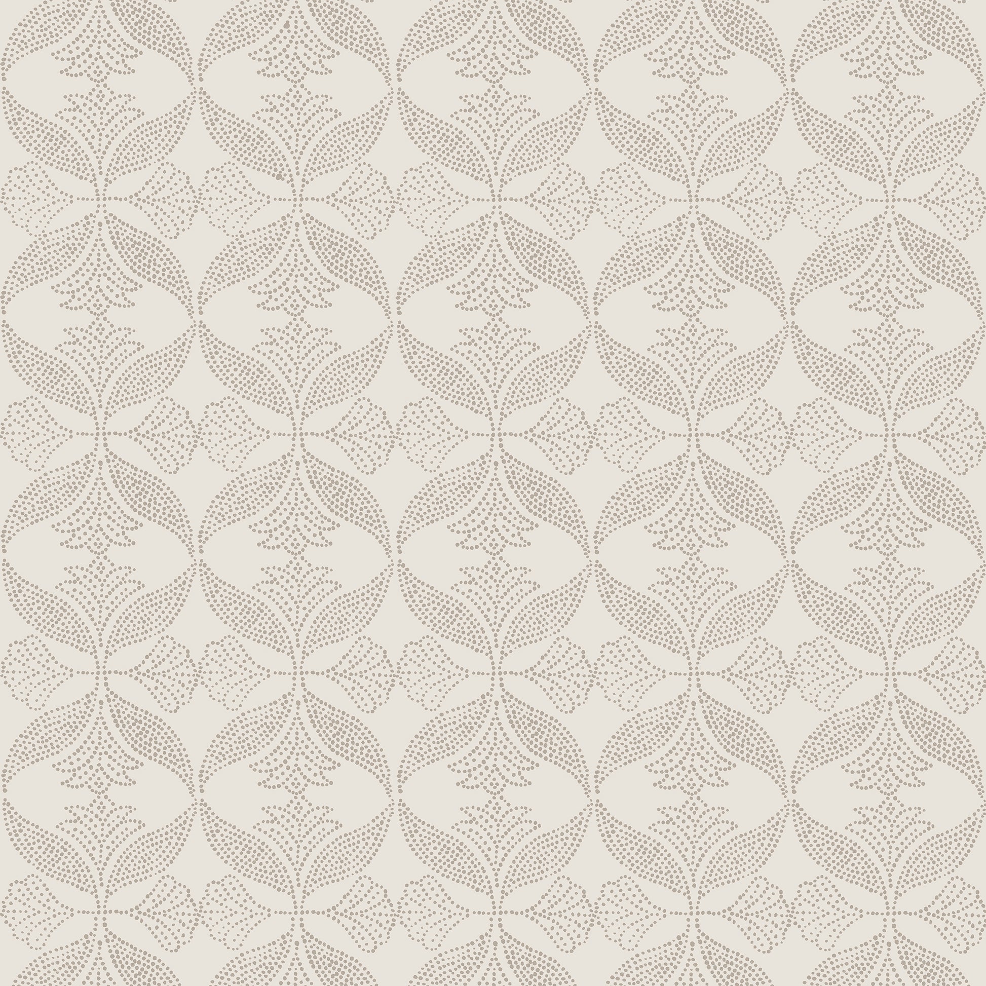 Beige lace-inspired floral circular motif pattern, repeating across wallpaper or fabric.