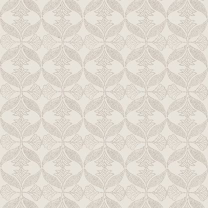 Beige lace-inspired floral circular motif pattern, repeating across wallpaper or fabric.