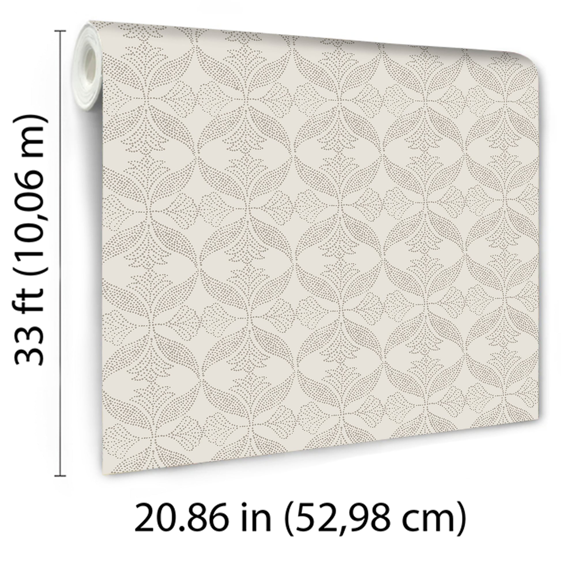 Beige wallpaper roll featuring a light gray circular floral lattice pattern; 33 ft long, 20.86 in wide.