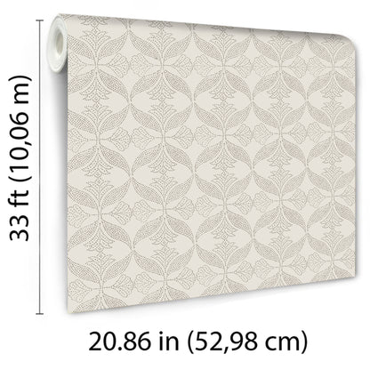 Beige wallpaper roll featuring a light gray circular floral lattice pattern; 33 ft long, 20.86 in wide.