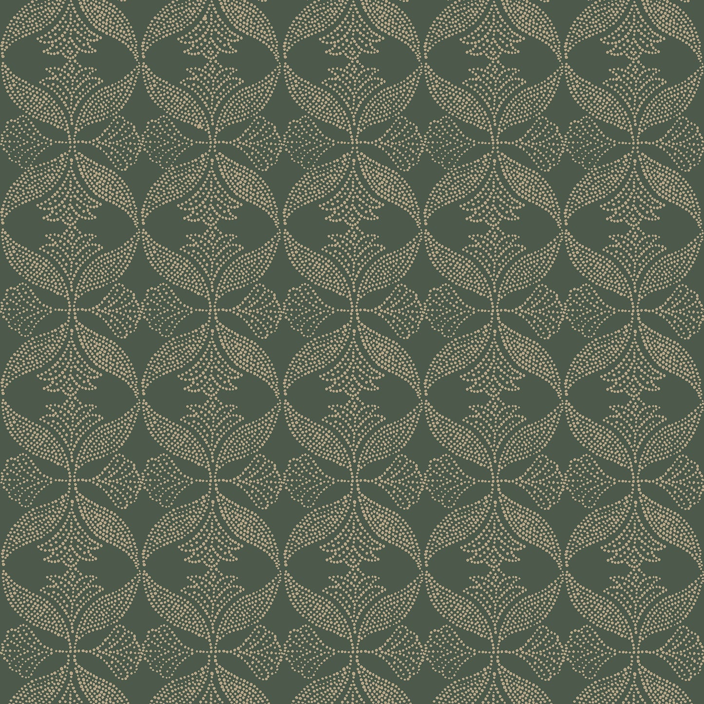 Dark green wallpaper with beige interlocking circular damask floral motifs.