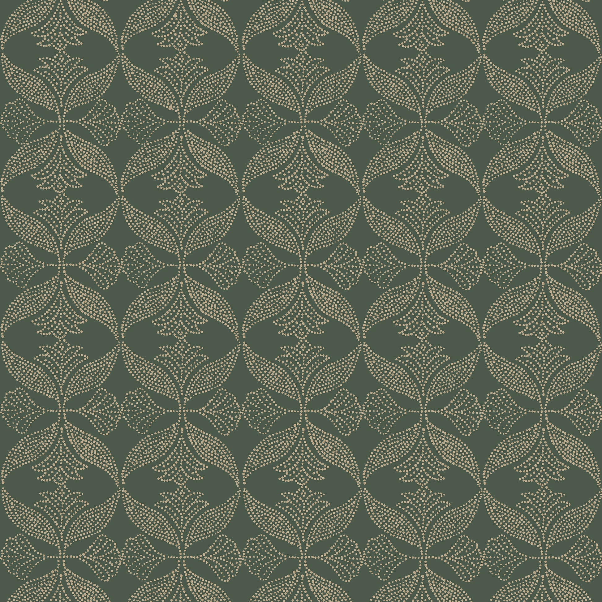 Dark green wallpaper with beige interlocking circular damask floral motifs.