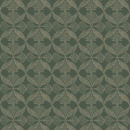 Dark green wallpaper with beige interlocking circular damask floral motifs.