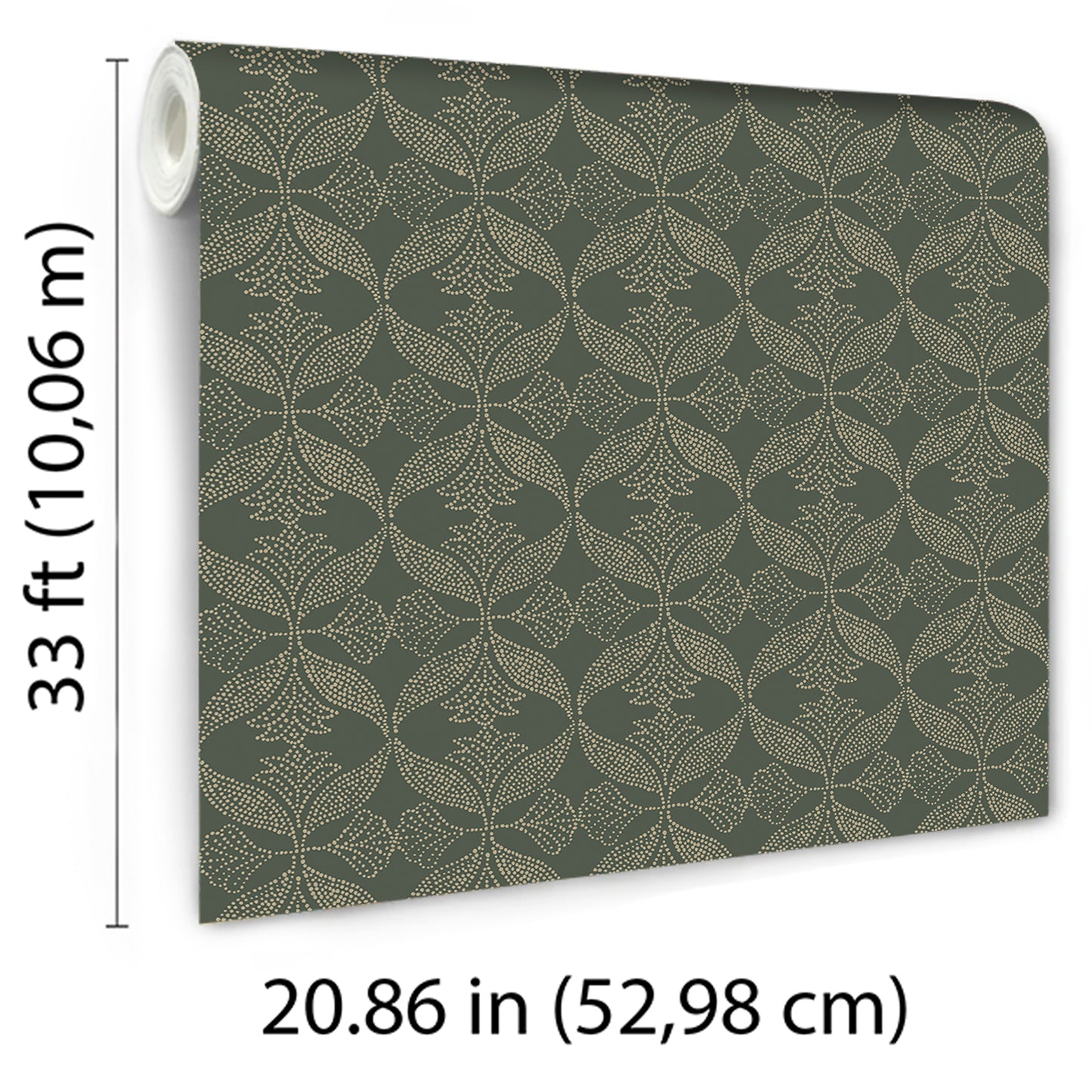 Dark olive wallpaper roll with beige damask leaf motif; classic wall covering, long 33 ft roll.
