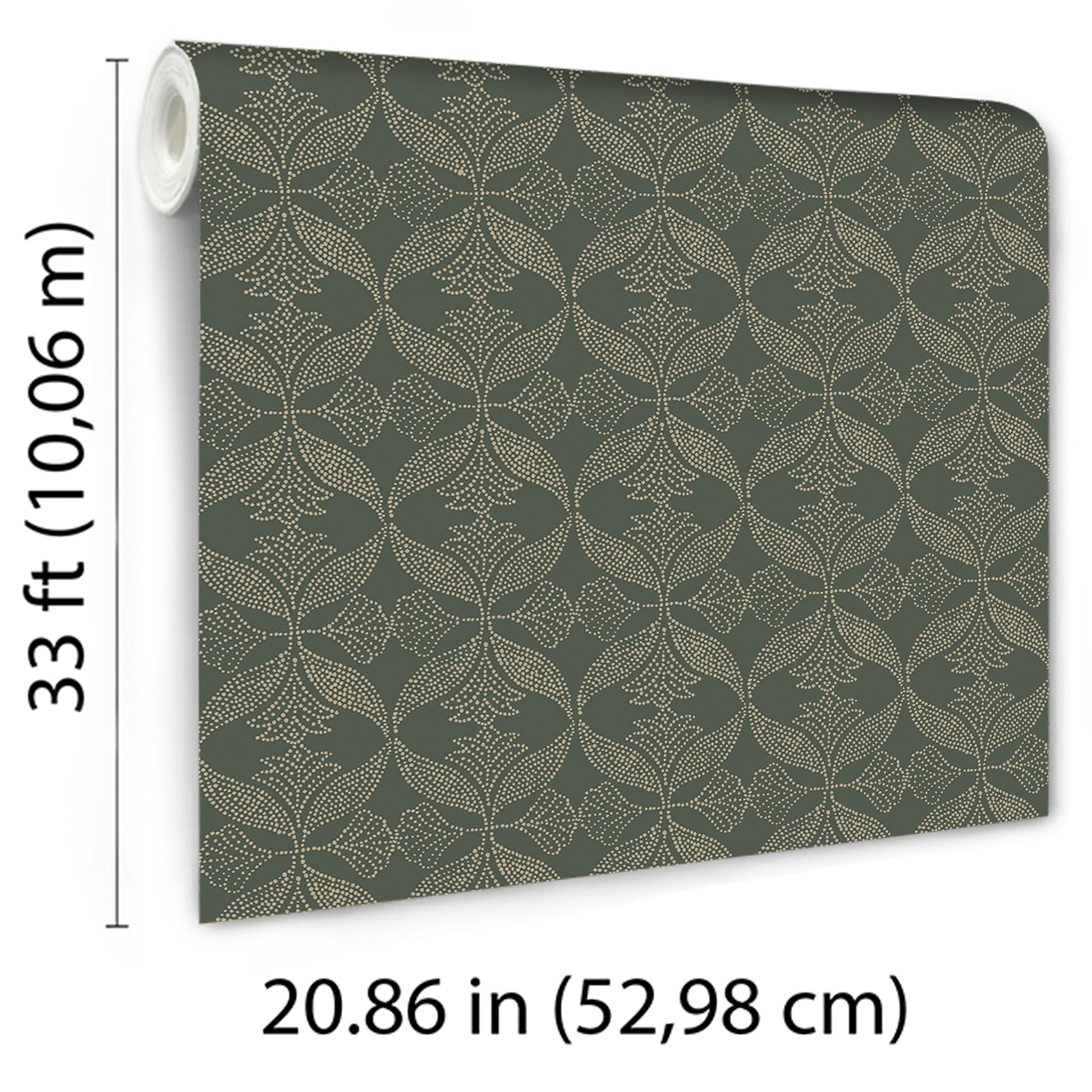 Dark olive wallpaper roll with beige damask leaf motif; classic wall covering, long 33 ft roll.