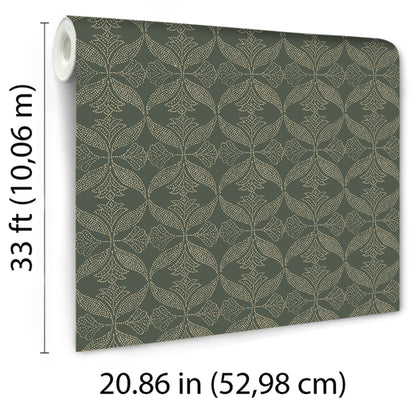 Dark olive wallpaper roll with beige damask leaf motif; classic wall covering, long 33 ft roll.