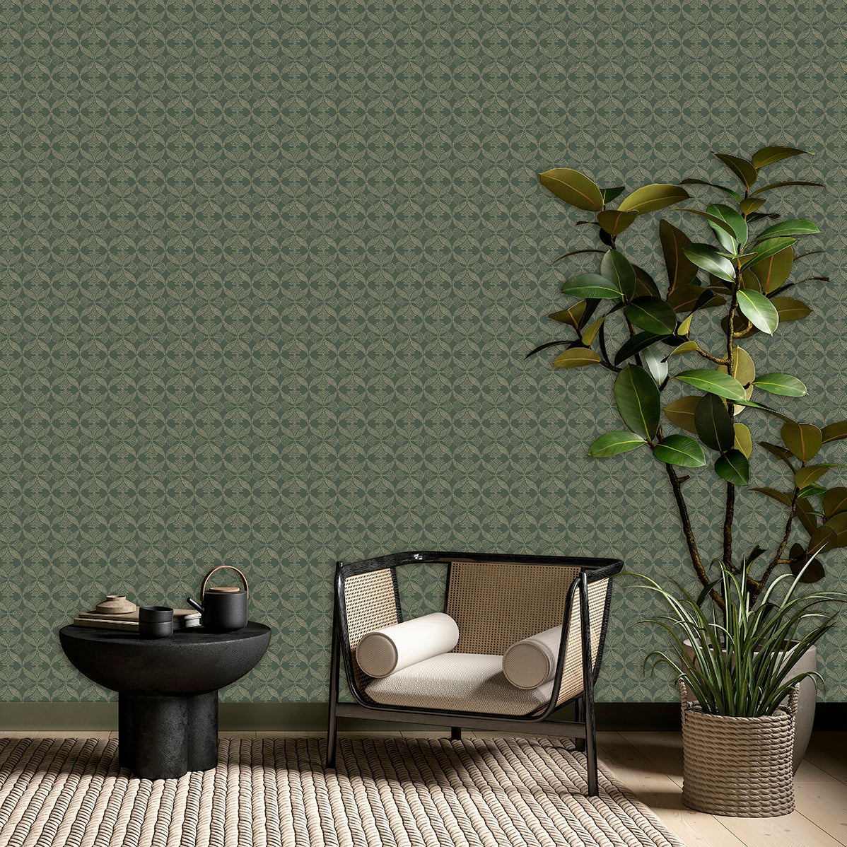 Mid-century black-framed lounge chair with light cushions beside a round pedestal table, green patterned wallpaper and potted plants.