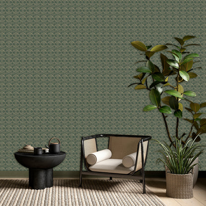 Mid-century black-framed lounge chair with light cushions beside a round pedestal table, green patterned wallpaper and potted plants.