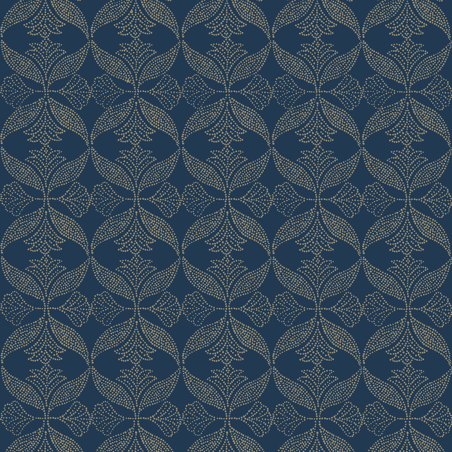 Navy blue background with repeating beige dotted rosettes and leafy arches, a vintage-inspired wallpaper or textile pattern.