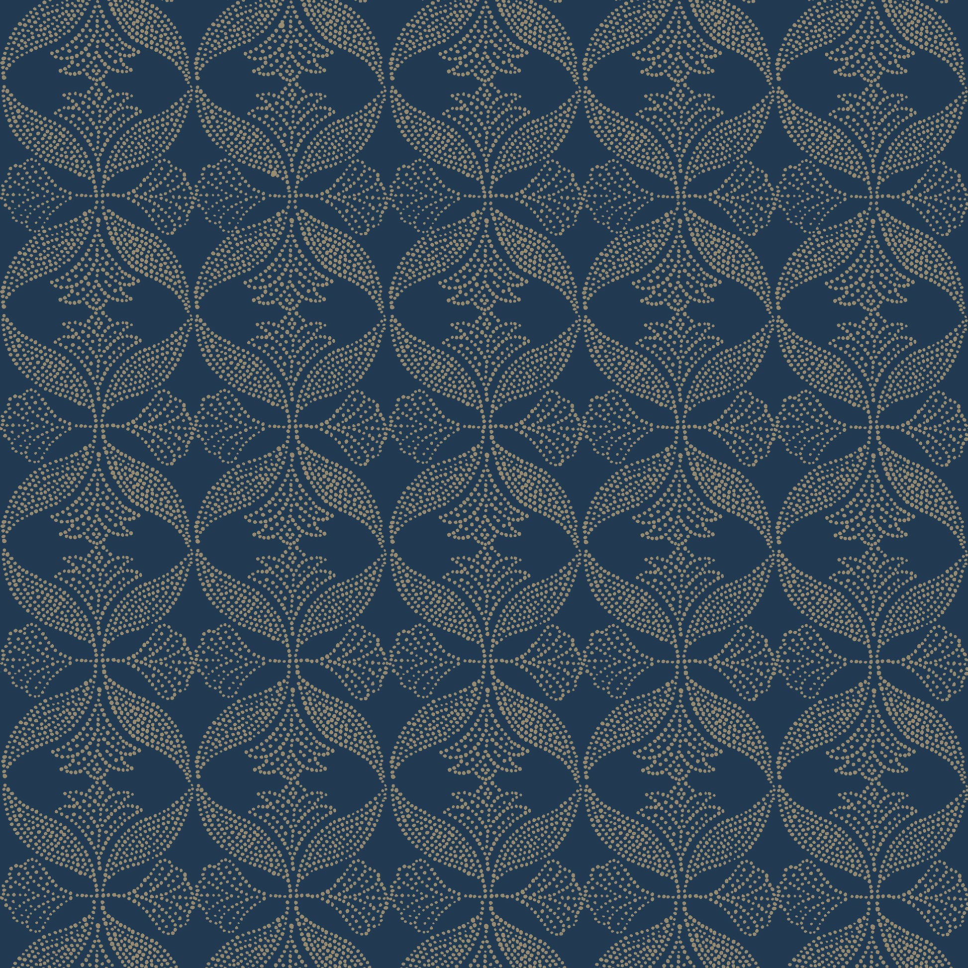 Navy blue background with repeating beige dotted rosettes and leafy arches, a vintage-inspired wallpaper or textile pattern.