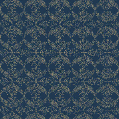 Navy blue background with repeating beige dotted rosettes and leafy arches, a vintage-inspired wallpaper or textile pattern.