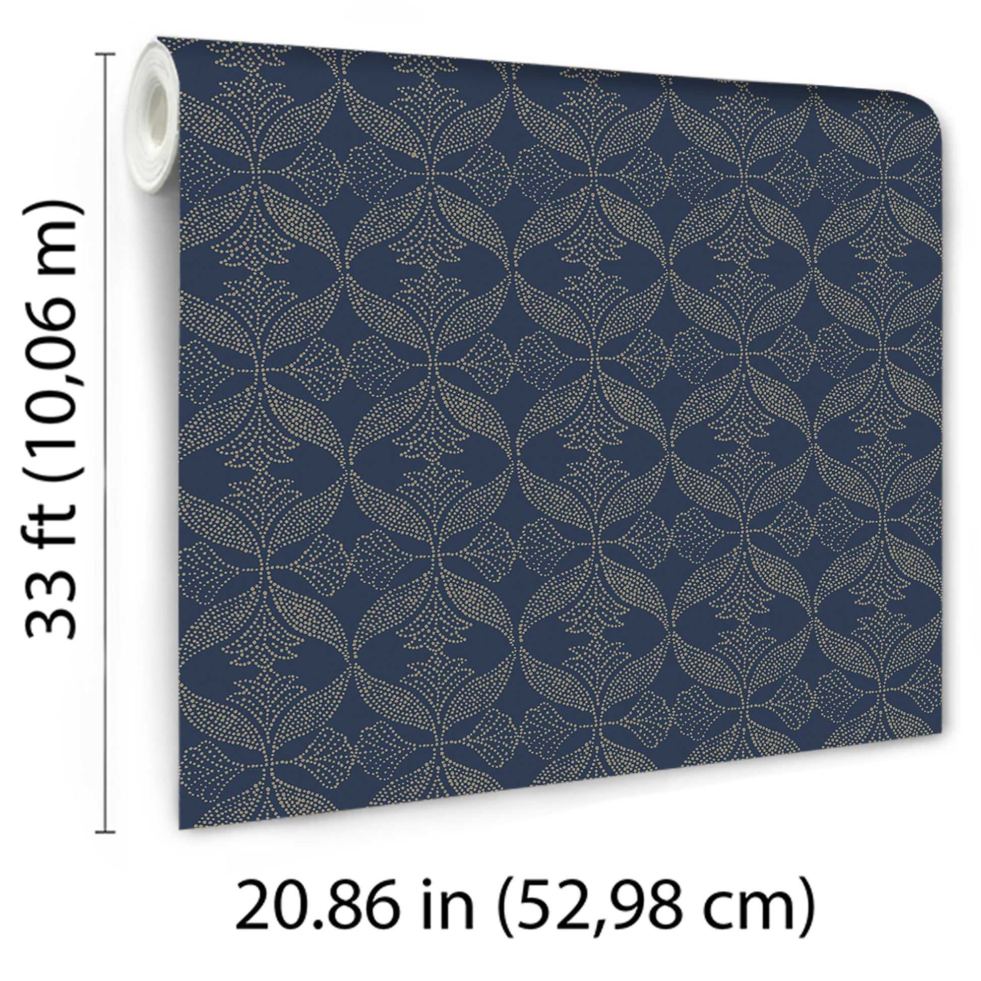Roll of navy wallpaper with beige leafy trellis pattern; 20.86in wide, 33ft long (10.06m)