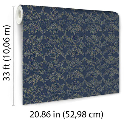 Roll of navy wallpaper with beige leafy trellis pattern; 20.86in wide, 33ft long (10.06m)