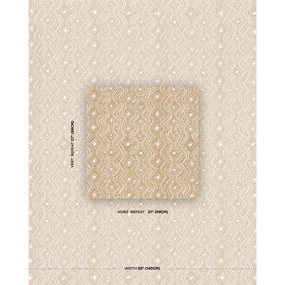 Beige geometric diamond lattice indoor/outdoor woven fabric swatch in flax with cream accents; central square shows the repeating pattern.
