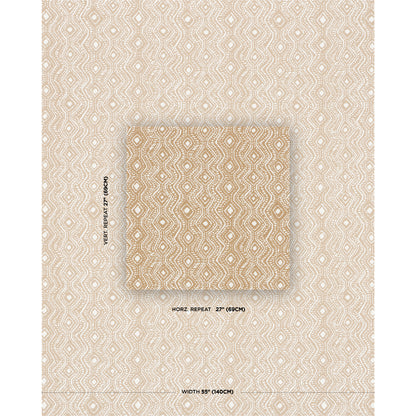 Beige geometric diamond lattice indoor/outdoor woven fabric swatch in flax with cream accents; central square shows the repeating pattern.