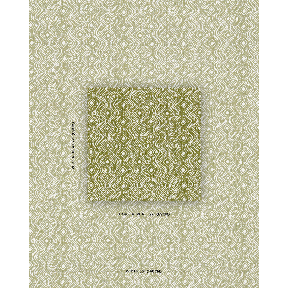 Olive & ivory geometric lattice fabric with inset square swatch, classic repeating diamond motif for home decor textile.