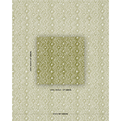 Olive & ivory geometric lattice fabric with inset square swatch, classic repeating diamond motif for home decor textile.