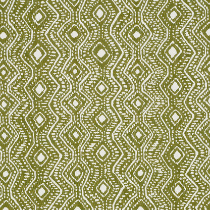 Olive green fabric with white geometric diamond and dot lattice pattern; versatile textile for upholstery or apparel.