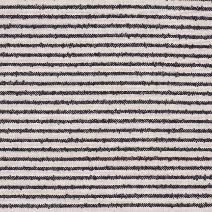 Beige woven jute with thin navy horizontal stripes; indoor/outdoor striped textile.