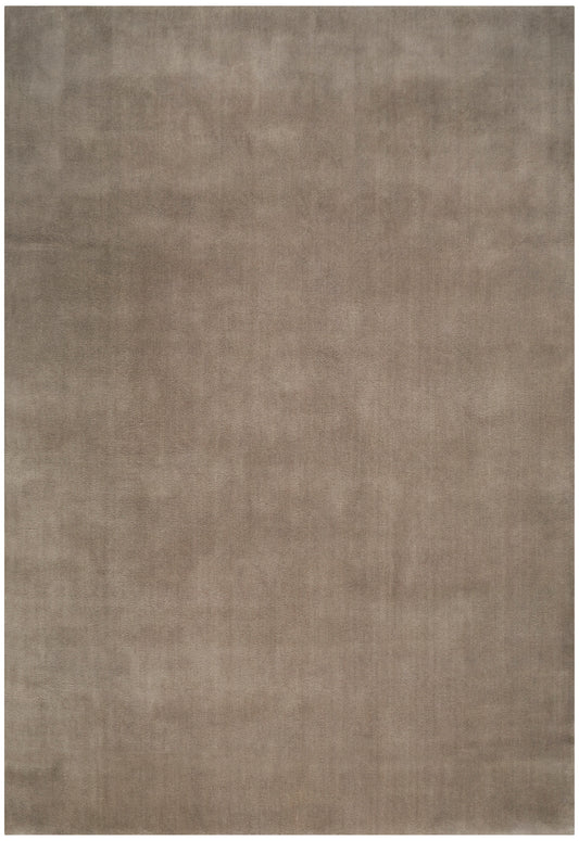 Neutral taupe-brown rug with a subtle mottled texture and a soft flatweave finish.