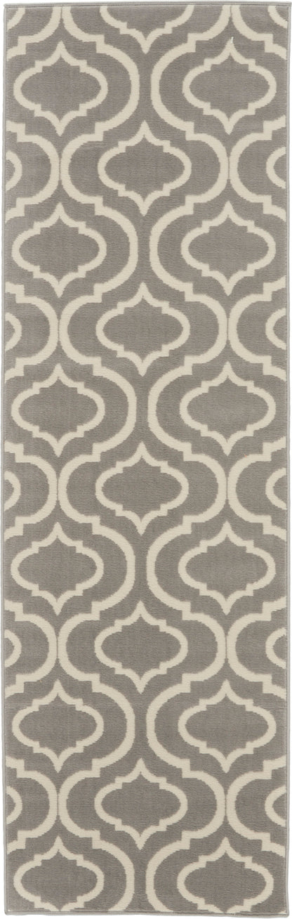 Gray runner rug with white Moroccan trellis pattern; long decorative floor mat.