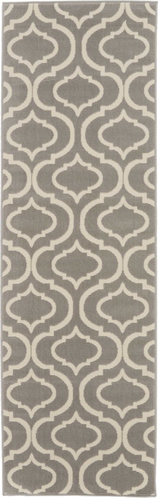 Gray runner rug with white Moroccan trellis pattern; long decorative floor mat.