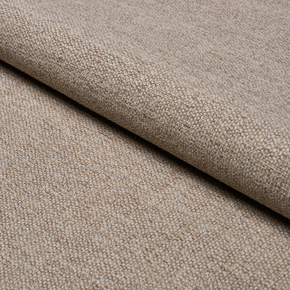 Beige textured woven fabric, rolled in folds, linen-like appearance for upholstery or crafts.