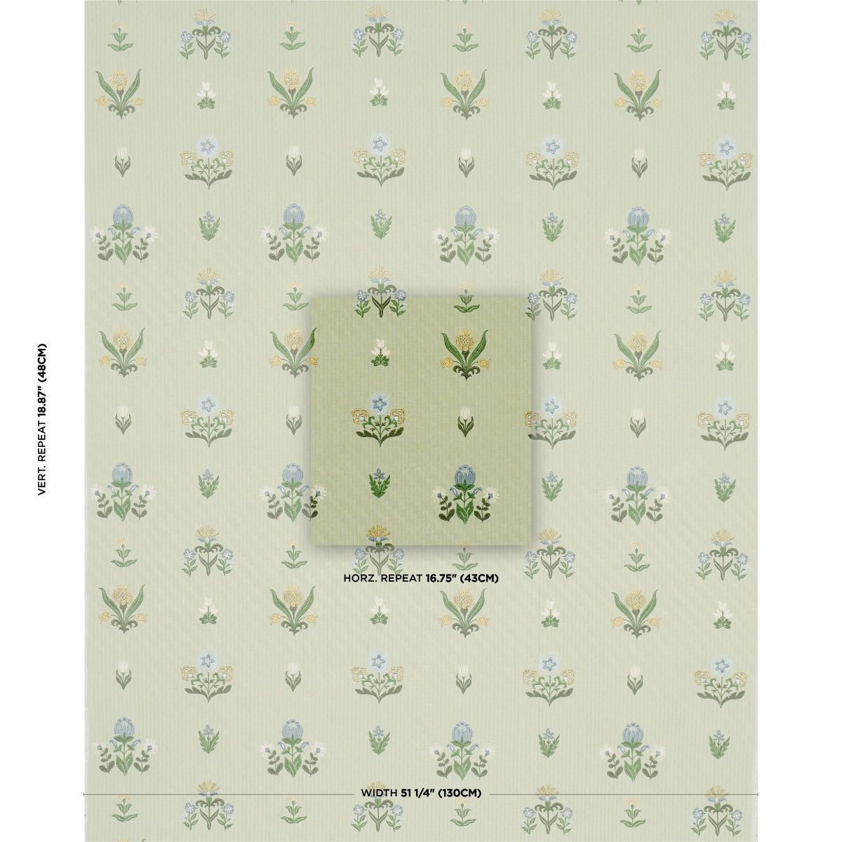 Pastel green wallpaper with leaf embroidery motifs in soft greens, blues and pinks; inset swatch shows 15.75 horizontal repeat.