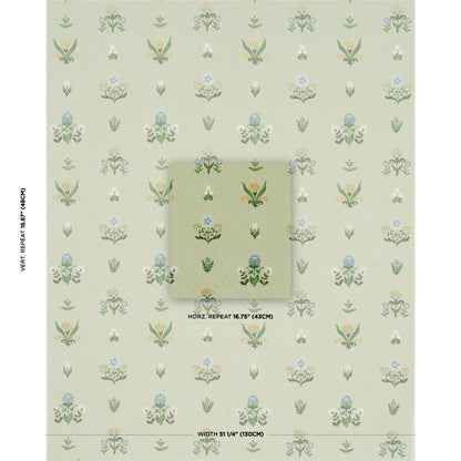 Pastel green wallpaper with leaf embroidery motifs in soft greens, blues and pinks; inset swatch shows 15.75 horizontal repeat.